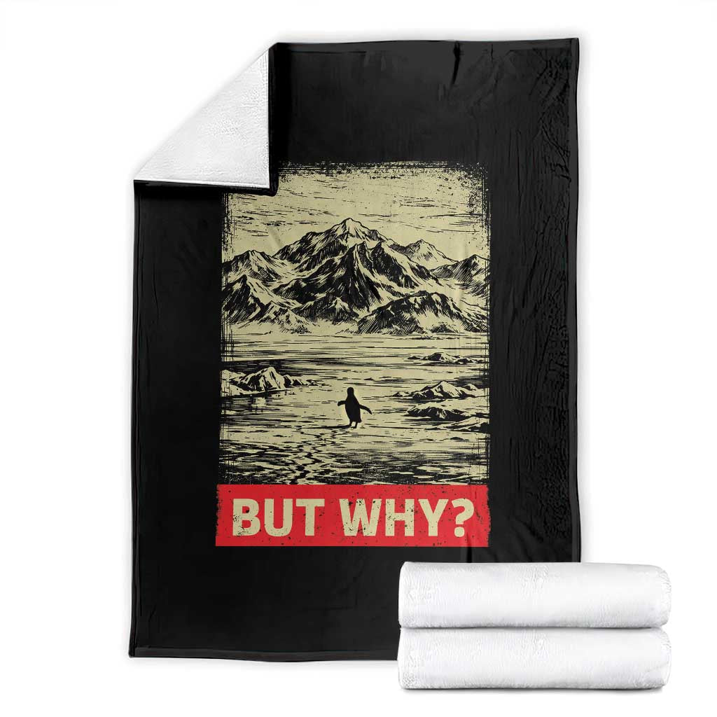 Retro Nihilist Penguin But Why Meme Throw Blanket Distressed Existential Moody Vintage Quiet Thinkers