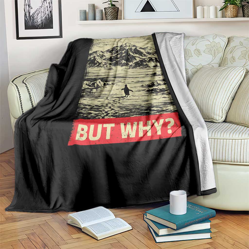 Retro Nihilist Penguin But Why Meme Throw Blanket Distressed Existential Moody Vintage Quiet Thinkers