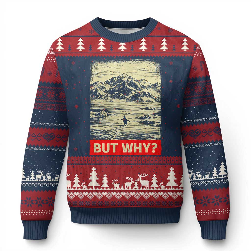 Retro Nihilist Penguin But Why Meme Ugly Christmas Sweater Distressed Existential Moody Vintage Quiet Thinkers