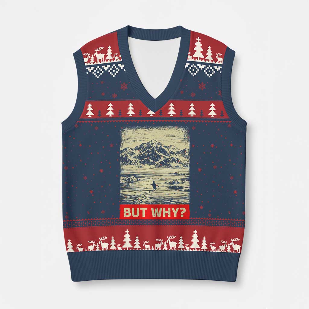 Retro Nihilist Penguin But Why Meme V-Neck Knit Sweater Vest Distressed Existential Moody Vintage Quiet Thinkers