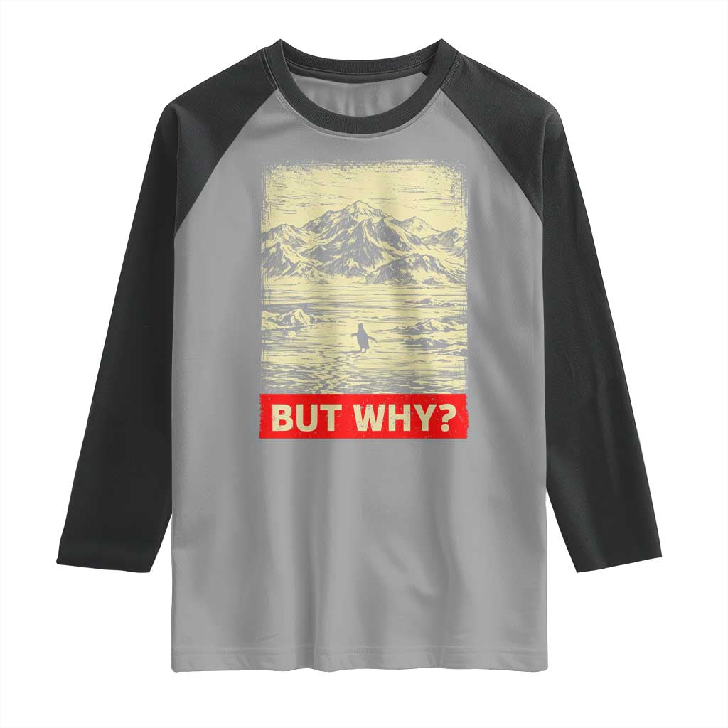 Retro Nihilist Penguin But Why Meme Raglan Shirt Distressed Existential Moody Vintage Quiet Thinkers