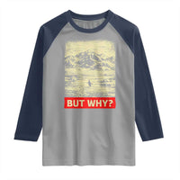 Retro Nihilist Penguin But Why Meme Raglan Shirt Distressed Existential Moody Vintage Quiet Thinkers