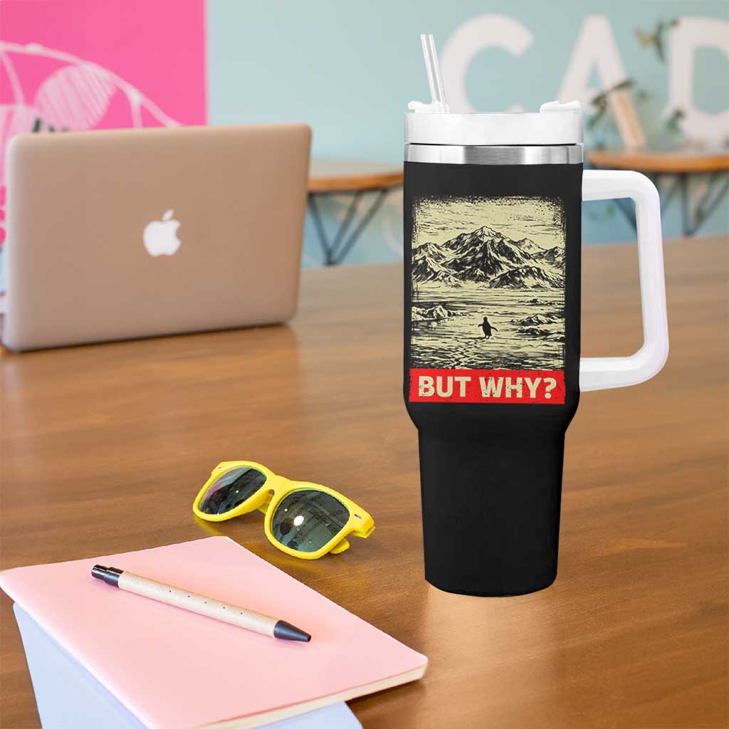 Retro Nihilist Penguin But Why Meme Tumbler With Handle Distressed Existential Moody Vintage Quiet Thinkers