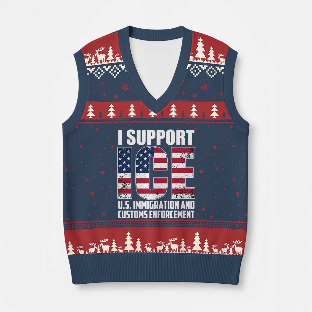 I Support ICE Patriotic Law Enforcement American Flag V-Neck Knit Sweater Vest