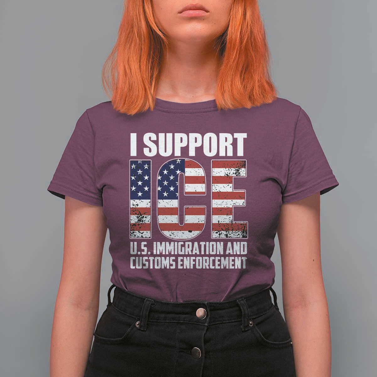 I Support ICE Patriotic Law Enforcement American Flag T Shirt For Women