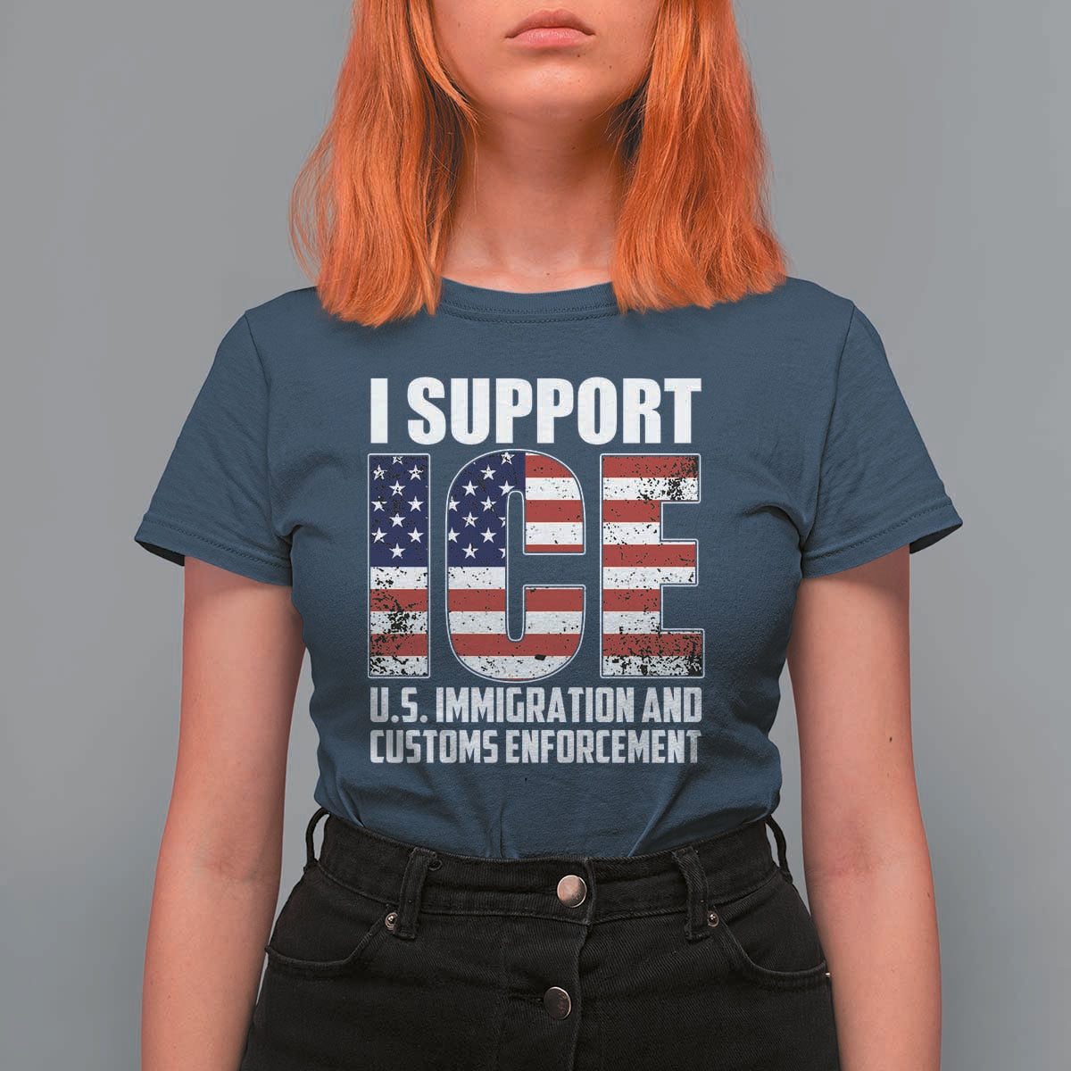 I Support ICE Patriotic Law Enforcement American Flag T Shirt For Women