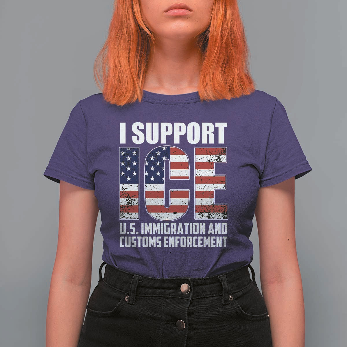I Support ICE Patriotic Law Enforcement American Flag T Shirt For Women