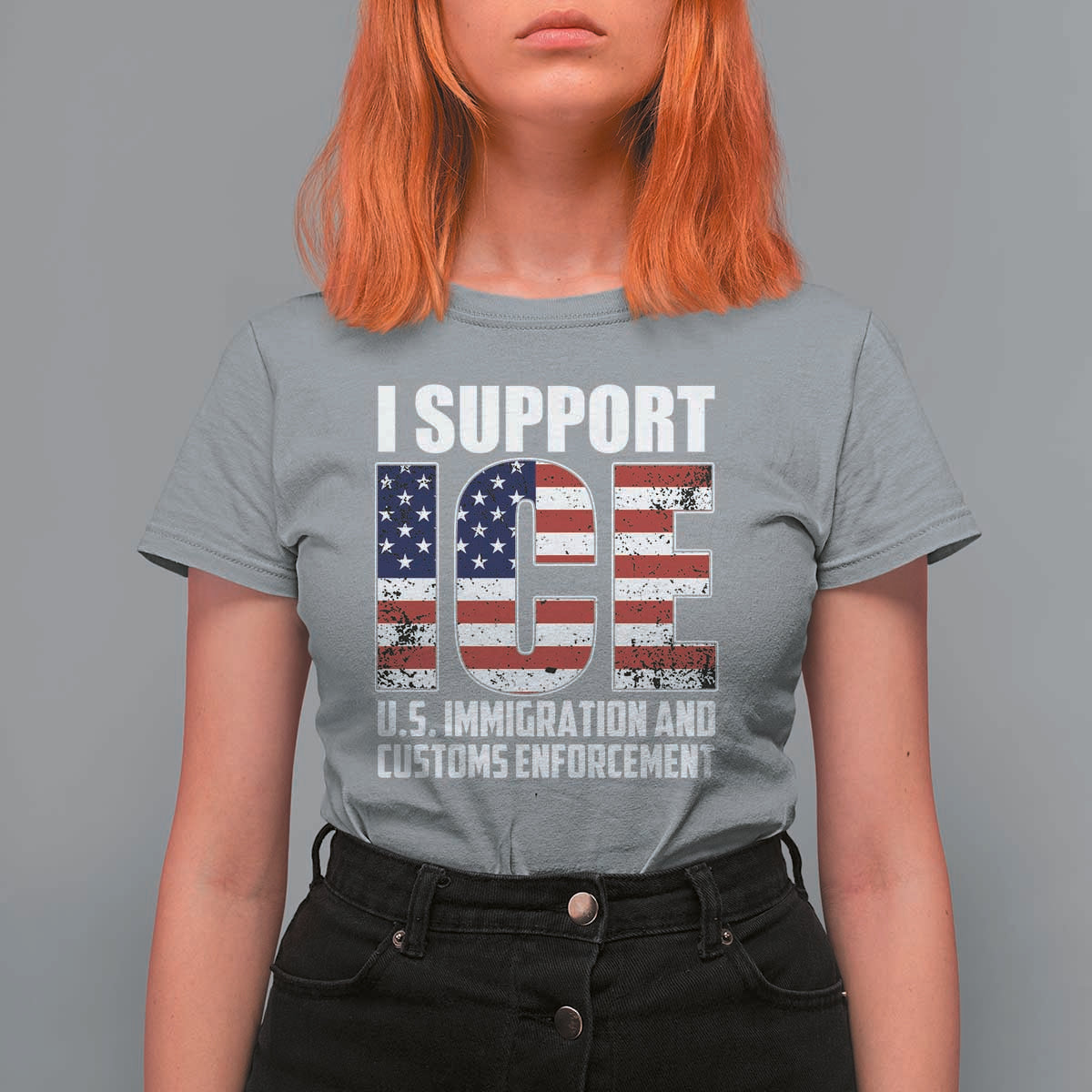 I Support ICE Patriotic Law Enforcement American Flag T Shirt For Women