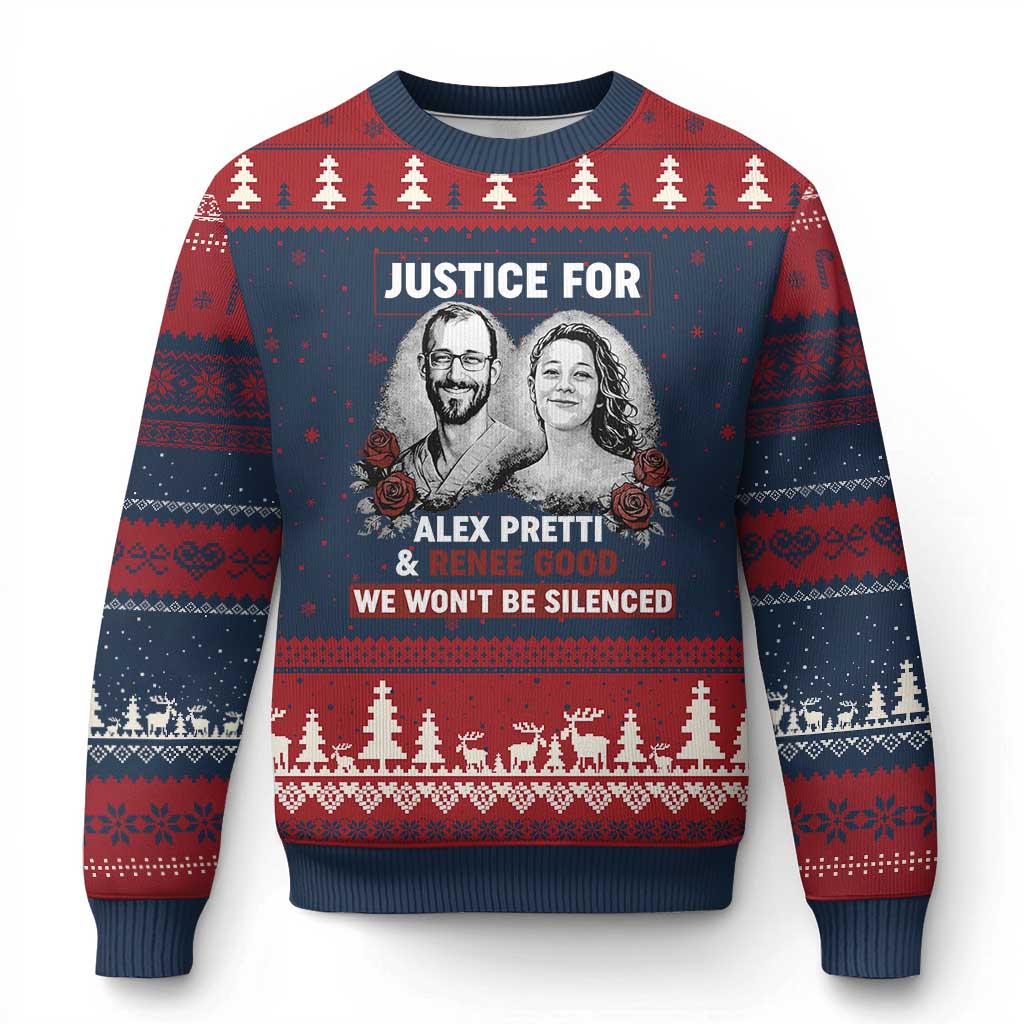Justice for Alex Pretti and Renee Good Ugly Christmas Sweater We Won’t Be Silenced Minnesota Resistance Protest