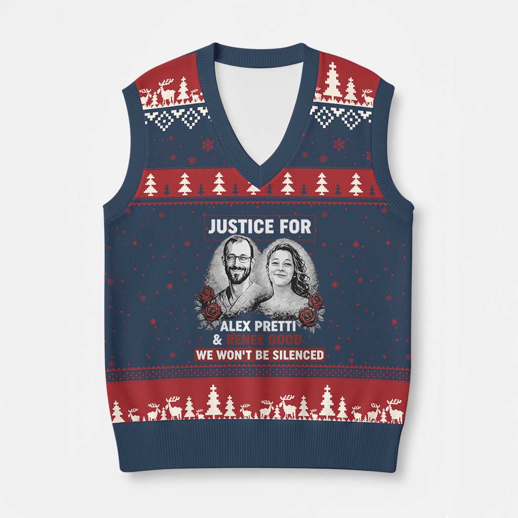Justice for Alex Pretti and Renee Good V-Neck Knit Sweater Vest We Won’t Be Silenced Minnesota Resistance Protest