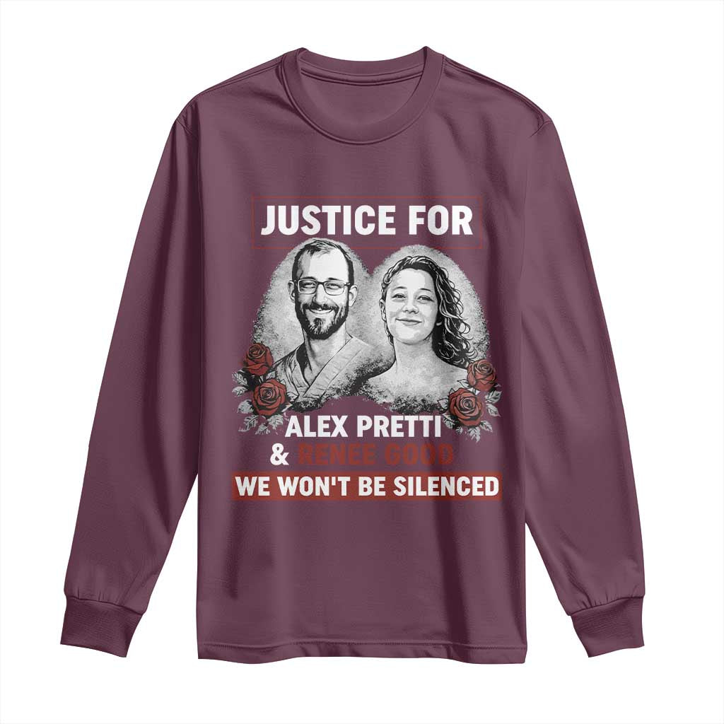 Justice for Alex Pretti and Renee Good Long Sleeve Shirt We Won’t Be Silenced Minnesota Resistance Protest