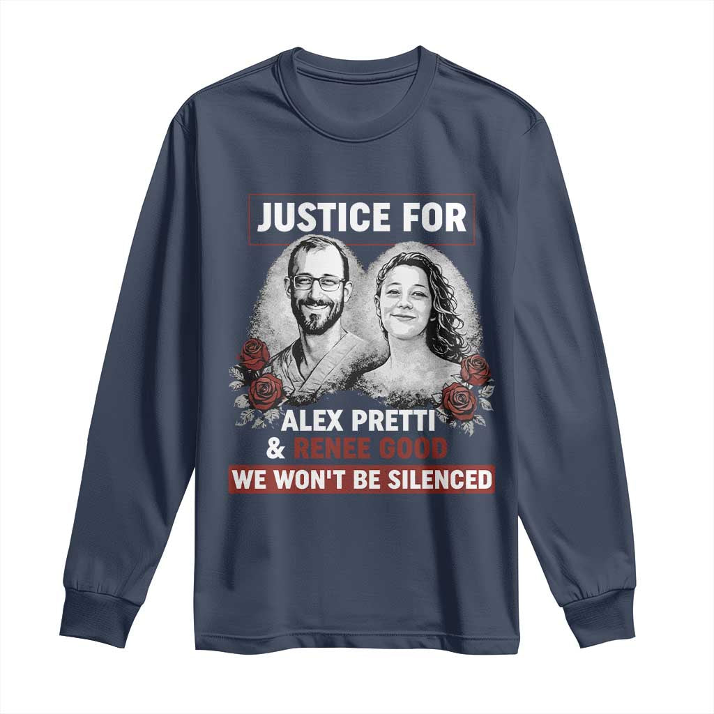 Justice for Alex Pretti and Renee Good Long Sleeve Shirt We Won’t Be Silenced Minnesota Resistance Protest