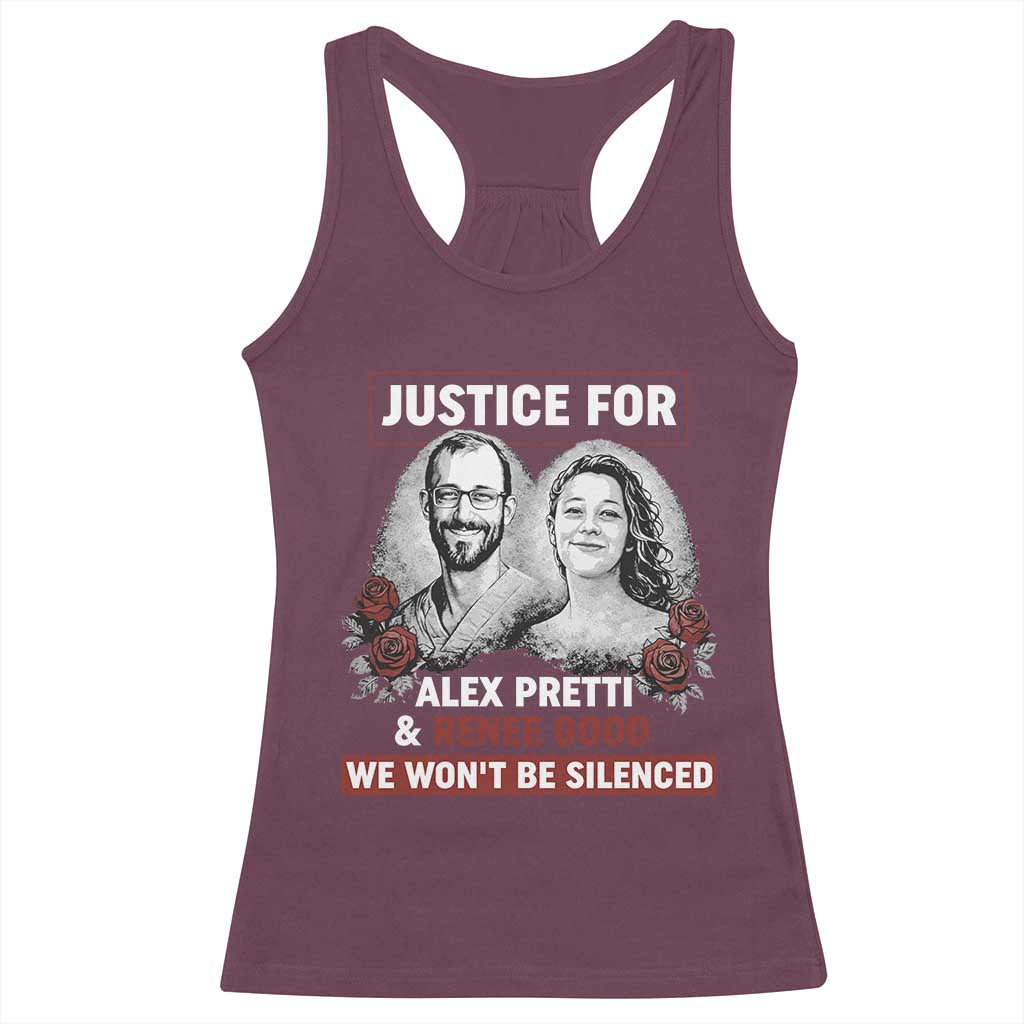 Justice for Alex Pretti and Renee Good Racerback Tank Top We Won’t Be Silenced Minnesota Resistance Protest