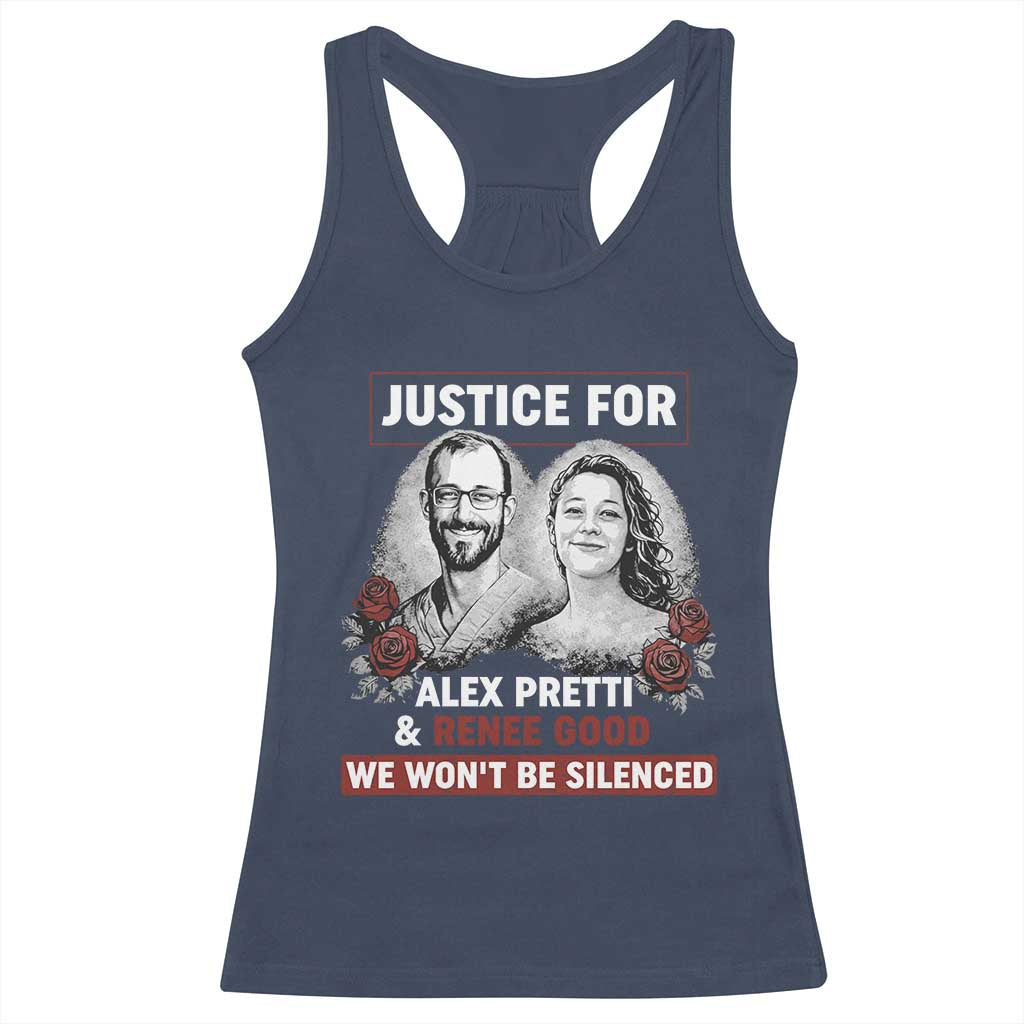 Justice for Alex Pretti and Renee Good Racerback Tank Top We Won’t Be Silenced Minnesota Resistance Protest