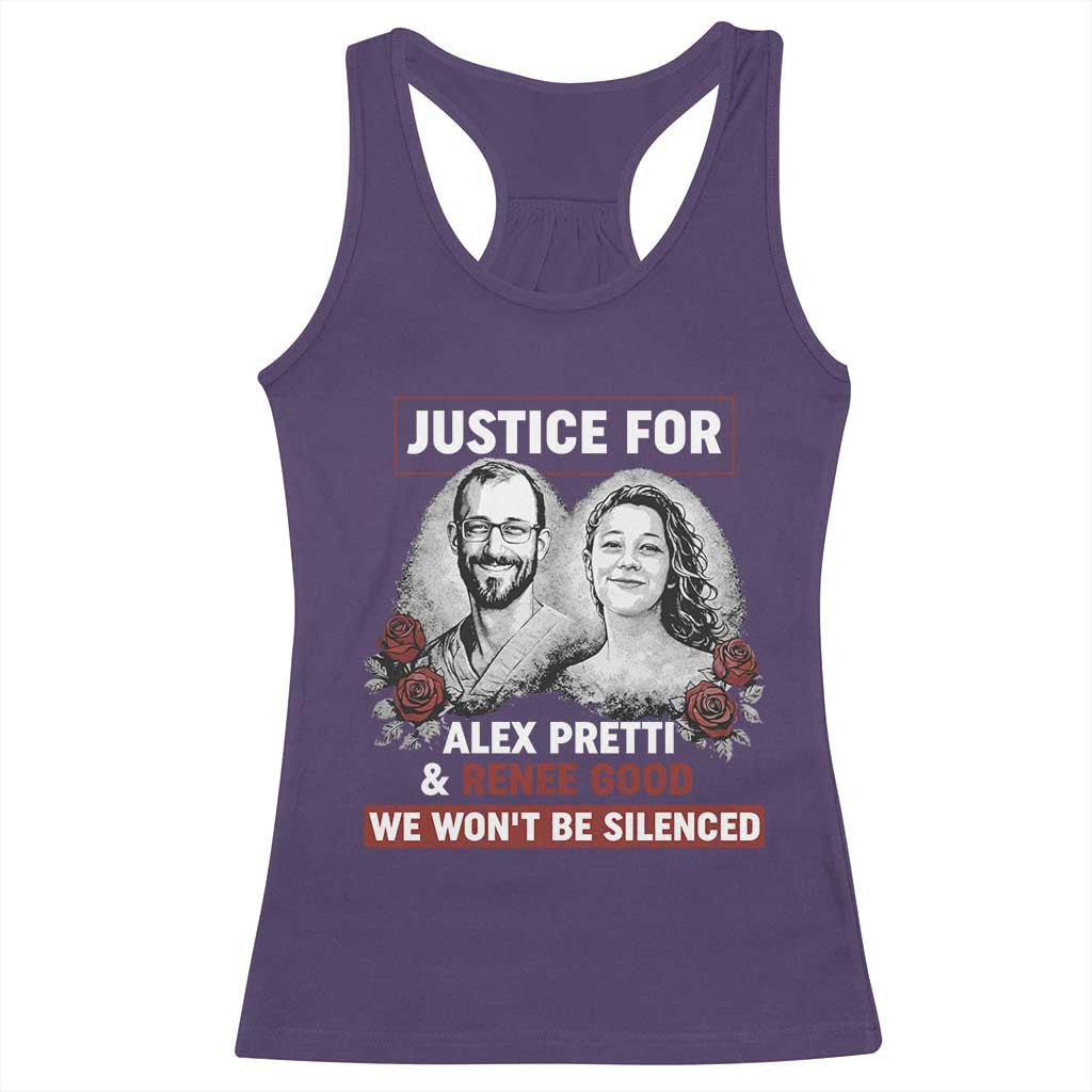 Justice for Alex Pretti and Renee Good Racerback Tank Top We Won’t Be Silenced Minnesota Resistance Protest