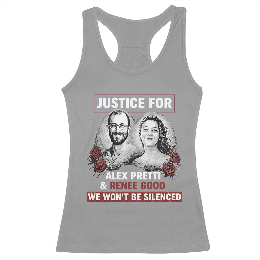 Justice for Alex Pretti and Renee Good Racerback Tank Top We Won’t Be Silenced Minnesota Resistance Protest