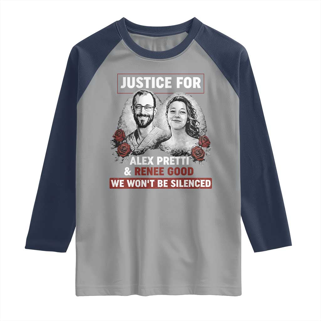 Justice for Alex Pretti and Renee Good Raglan Shirt We Won’t Be Silenced Minnesota Resistance Protest