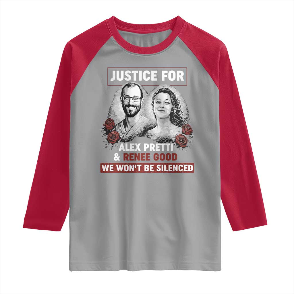 Justice for Alex Pretti and Renee Good Raglan Shirt We Won’t Be Silenced Minnesota Resistance Protest