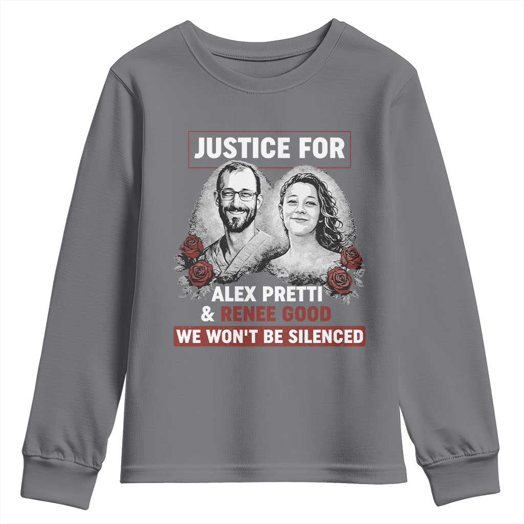 Justice for Alex Pretti and Renee Good Youth Sweatshirt We Won’t Be Silenced Minnesota Resistance Protest