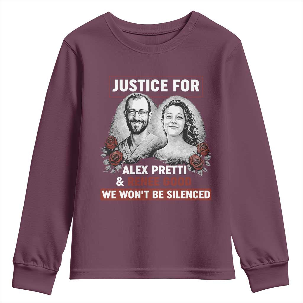 Justice for Alex Pretti and Renee Good Youth Sweatshirt We Won’t Be Silenced Minnesota Resistance Protest