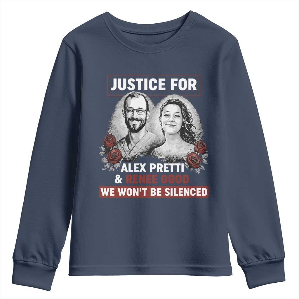 Justice for Alex Pretti and Renee Good Youth Sweatshirt We Won’t Be Silenced Minnesota Resistance Protest