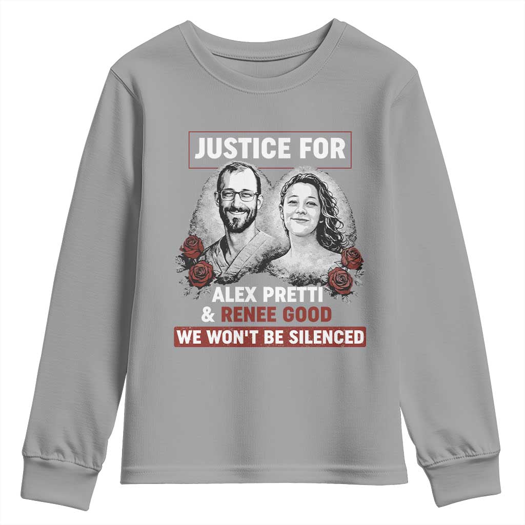 Justice for Alex Pretti and Renee Good Youth Sweatshirt We Won’t Be Silenced Minnesota Resistance Protest