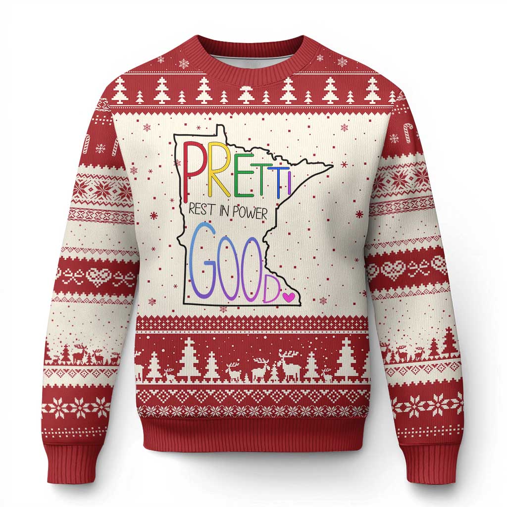 Pretti Good Minnesota Tribute Ugly Christmas Sweater Rest in Power Rainbow Memorial