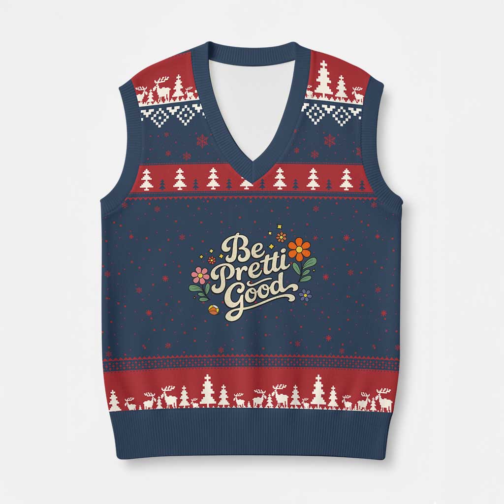 Be Pretti Good Floral V-Neck Knit Sweater Vest Retro Empowerment Statement
