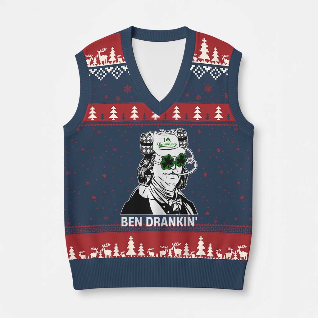 Funny St Patrick's Day Ben Dranking V-Neck Knit Sweater Vest Benjamin Franklin Retro Saint Paddy's Day - Wonder Print Shop