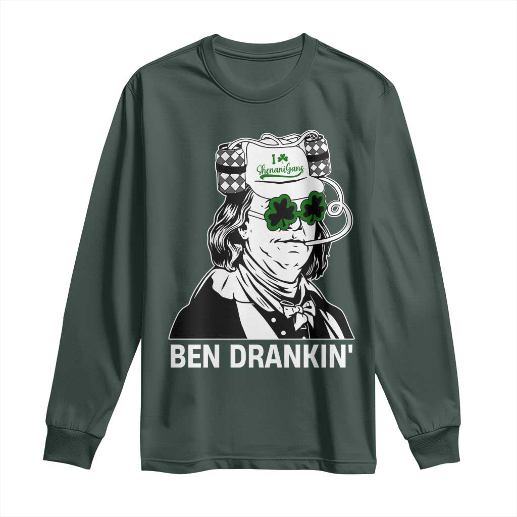 Funny St Patrick's Day Ben Dranking Long Sleeve Shirt Benjamin Franklin Retro Saint Paddy's Day