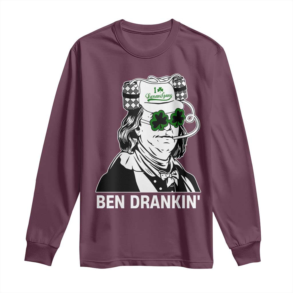 Funny St Patrick's Day Ben Dranking Long Sleeve Shirt Benjamin Franklin Retro Saint Paddy's Day