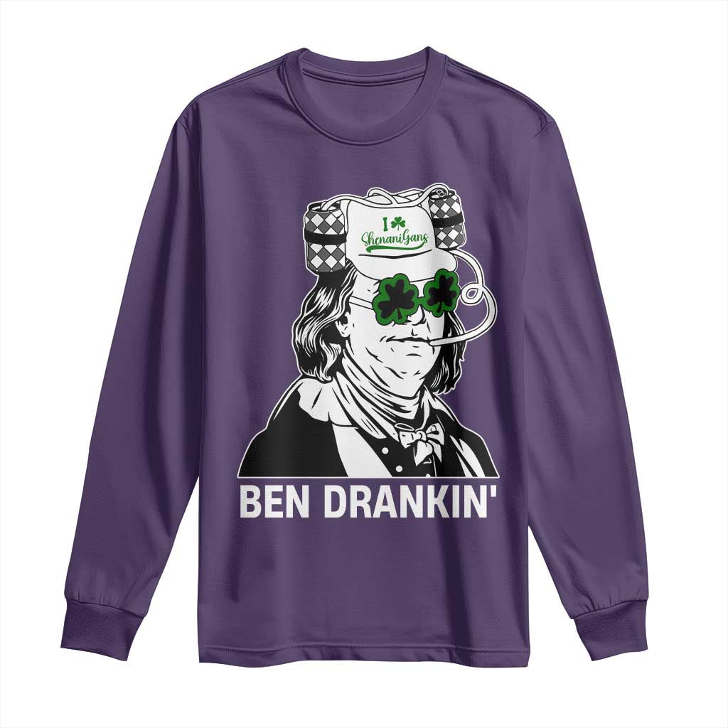 Funny St Patrick's Day Ben Dranking Long Sleeve Shirt Benjamin Franklin Retro Saint Paddy's Day