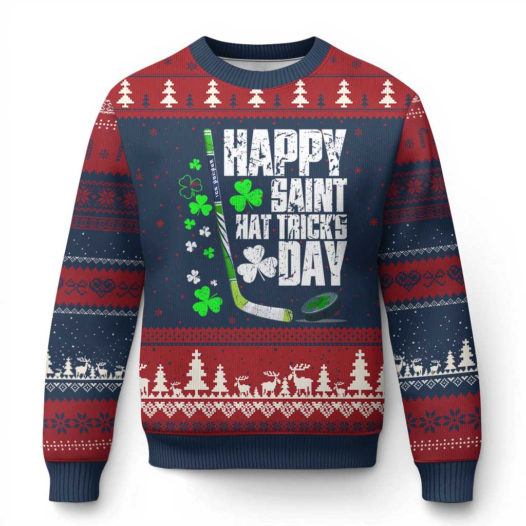 St. Patrick's Day Ice Hockey Ugly Christmas Sweater Happy Saint Hat Trick's Lucky Shamrocks - Wonder Print Shop