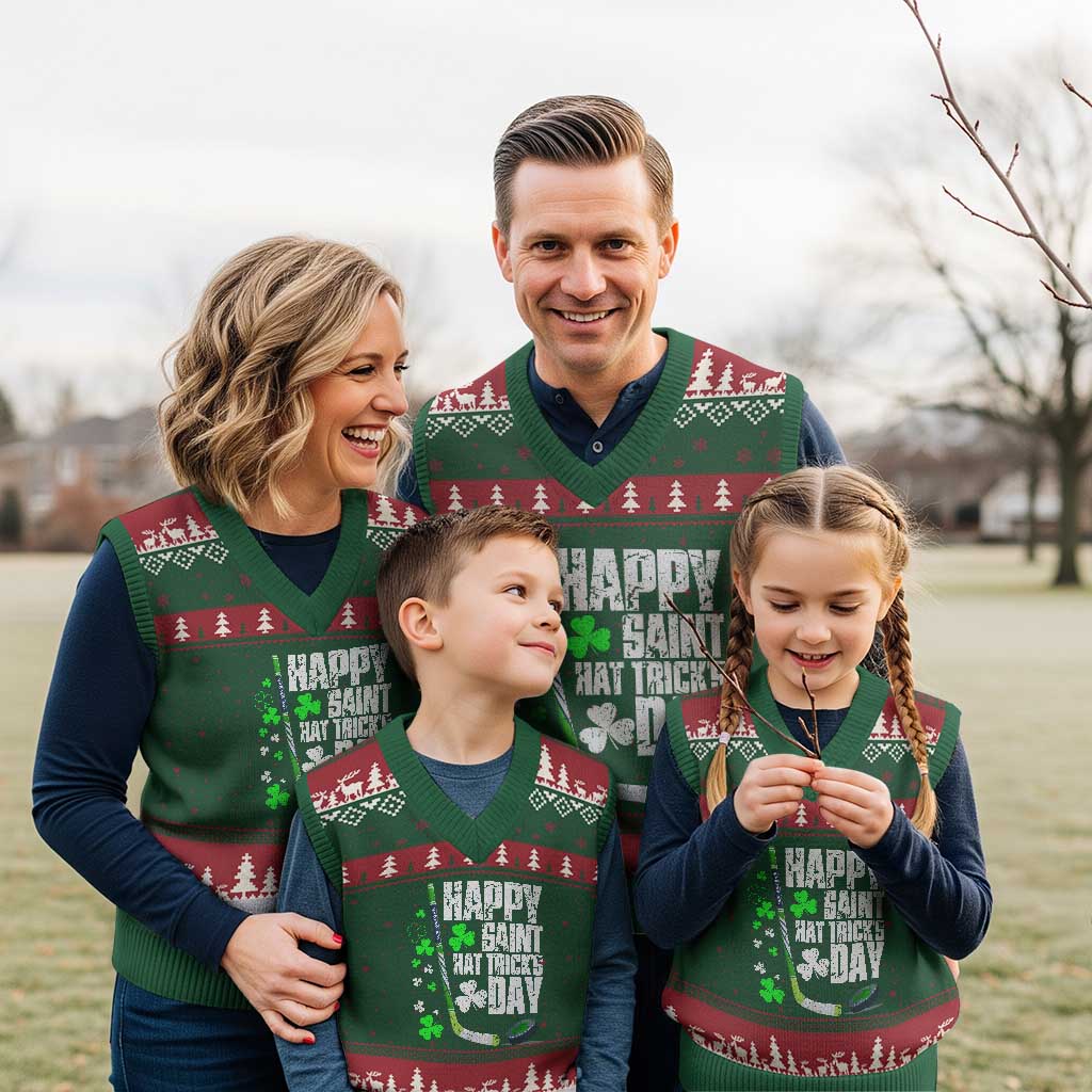 St. Patrick's Day Ice Hockey V-Neck Knit Sweater Vest Happy Saint Hat Trick's Lucky Shamrocks - Wonder Print Shop