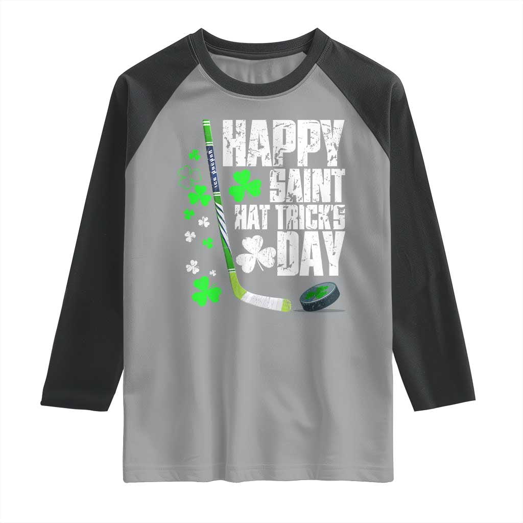 St. Patrick's Day Ice Hockey Raglan Shirt Happy Saint Hat Trick's Lucky Shamrocks