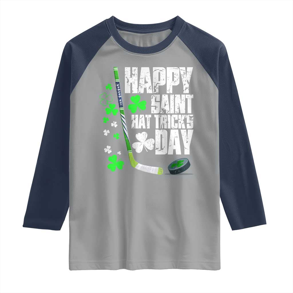 St. Patrick's Day Ice Hockey Raglan Shirt Happy Saint Hat Trick's Lucky Shamrocks