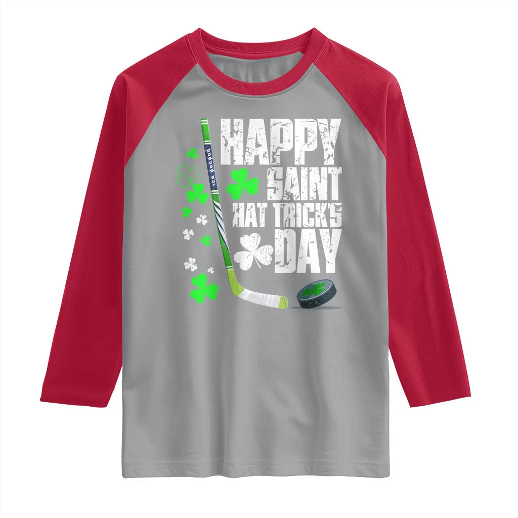 St. Patrick's Day Ice Hockey Raglan Shirt Happy Saint Hat Trick's Lucky Shamrocks
