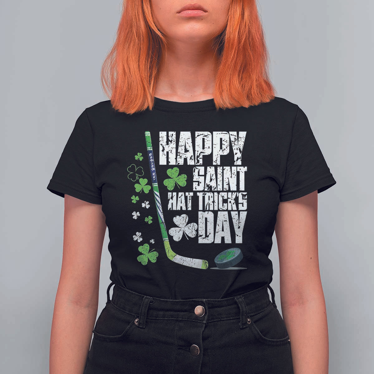 St. Patrick's Day Ice Hockey T Shirt For Women Happy Saint Hat Trick's Lucky Shamrocks