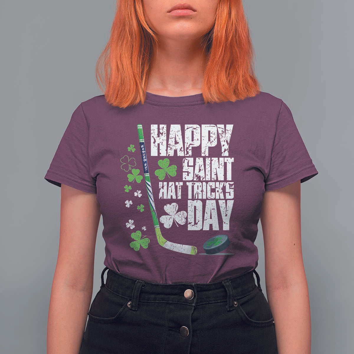 St. Patrick's Day Ice Hockey T Shirt For Women Happy Saint Hat Trick's Lucky Shamrocks