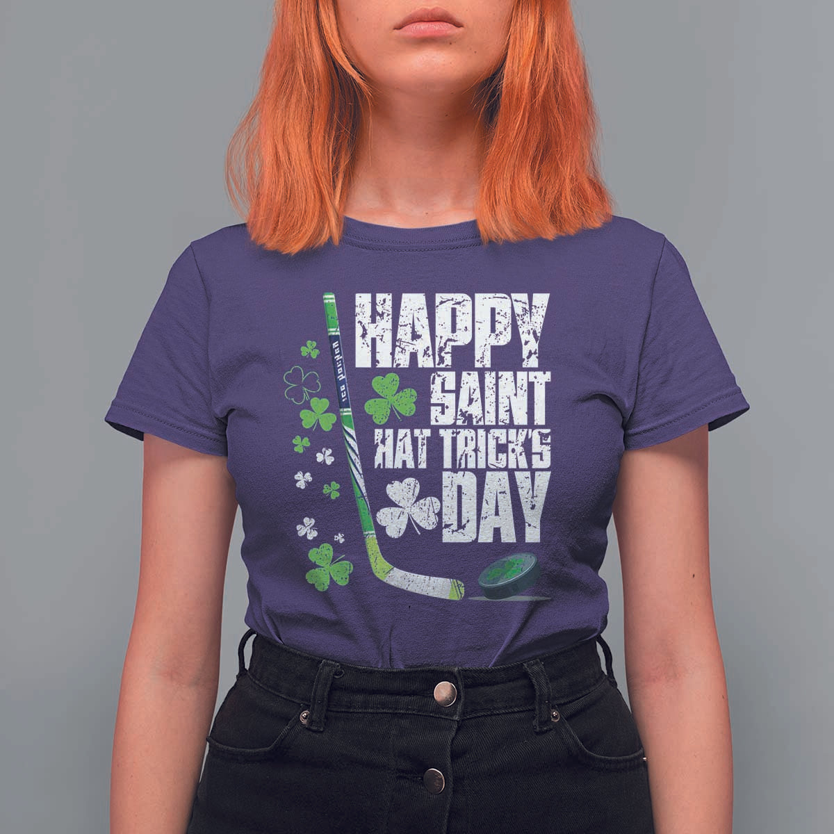 St. Patrick's Day Ice Hockey T Shirt For Women Happy Saint Hat Trick's Lucky Shamrocks