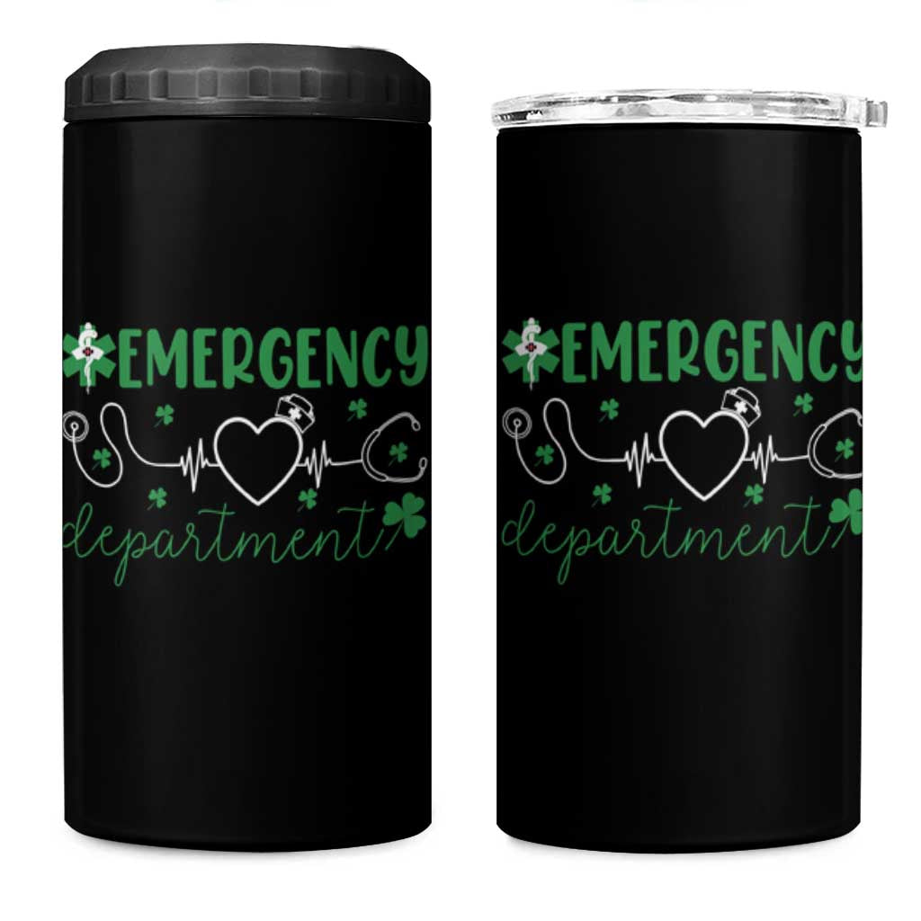 Funny St Patricks Day ER Nurse 4 in 1 Can Cooler Tumbler Emergency Department Lucky Shamrocks