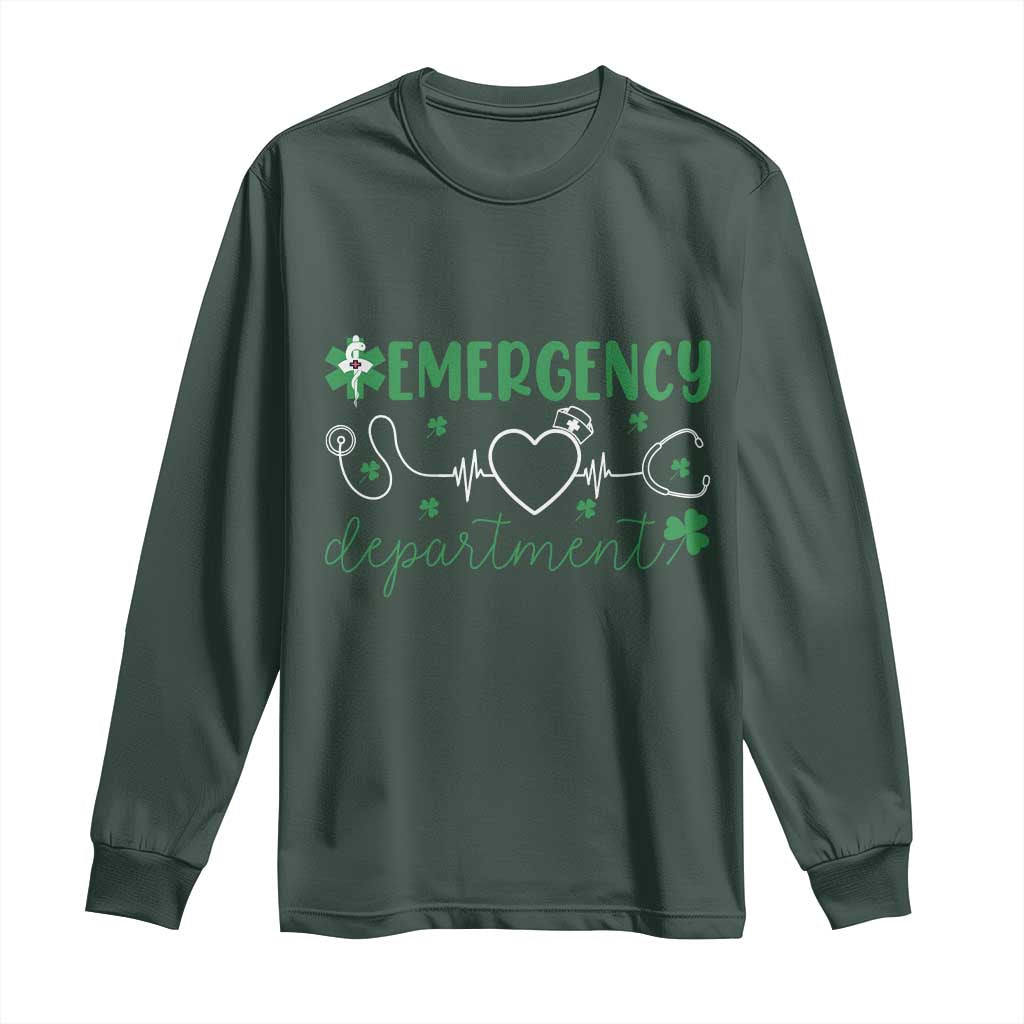 Funny St Patricks Day ER Nurse Long Sleeve Shirt Emergency Department Lucky Shamrocks