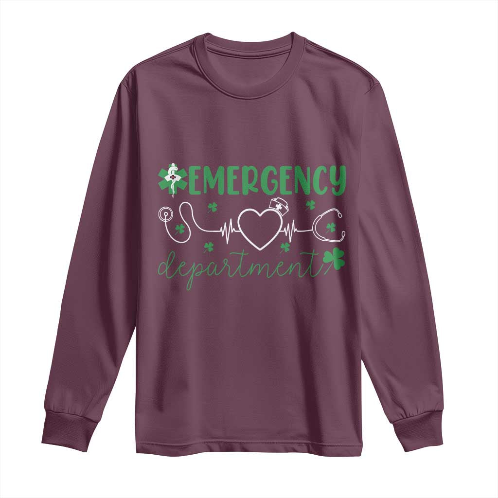 Funny St Patricks Day ER Nurse Long Sleeve Shirt Emergency Department Lucky Shamrocks