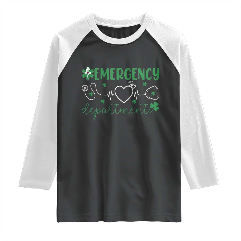 Funny St Patricks Day ER Nurse Raglan Shirt Emergency Department Lucky Shamrocks