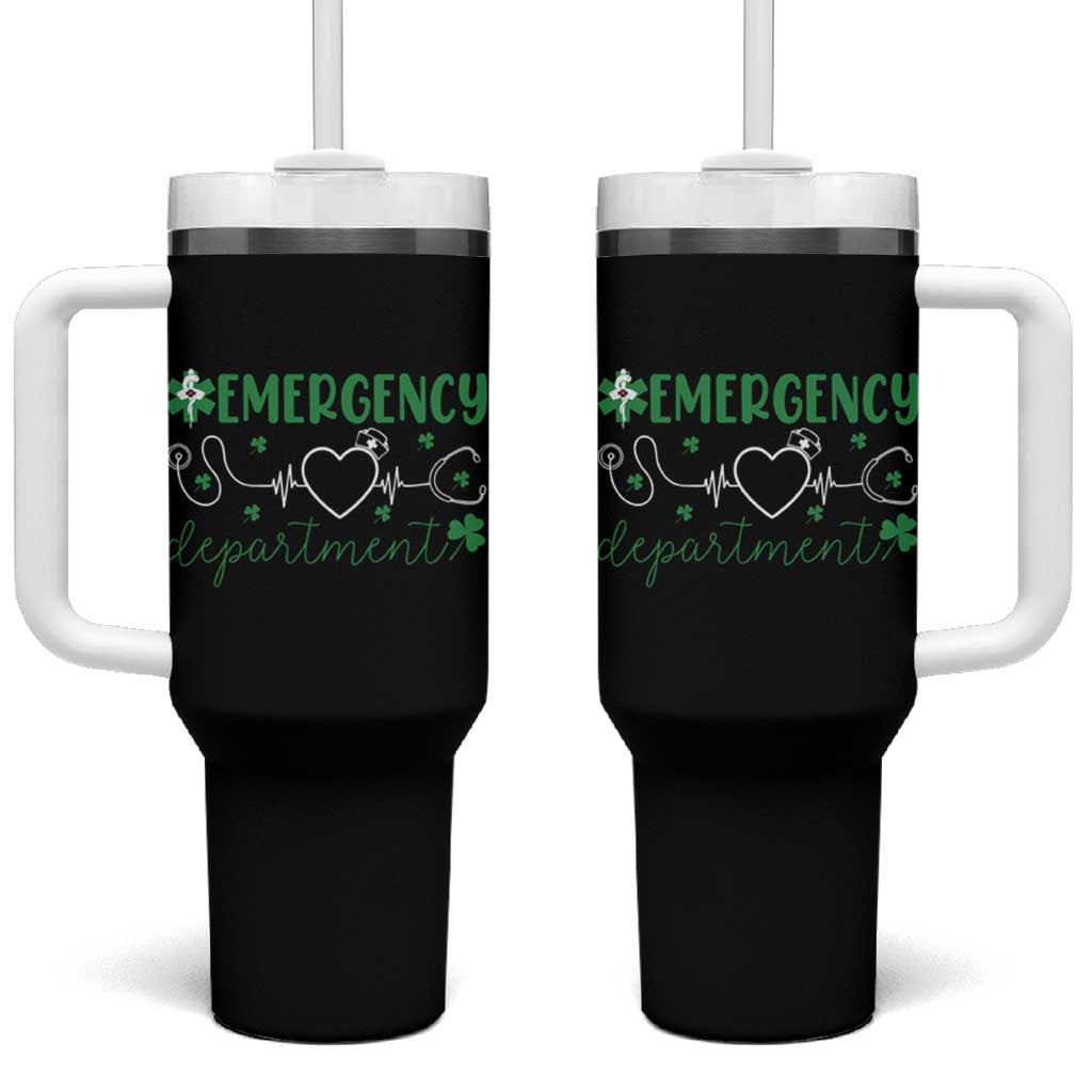 Funny St Patricks Day ER Nurse Tumbler With Handle Emergency Department Lucky Shamrocks