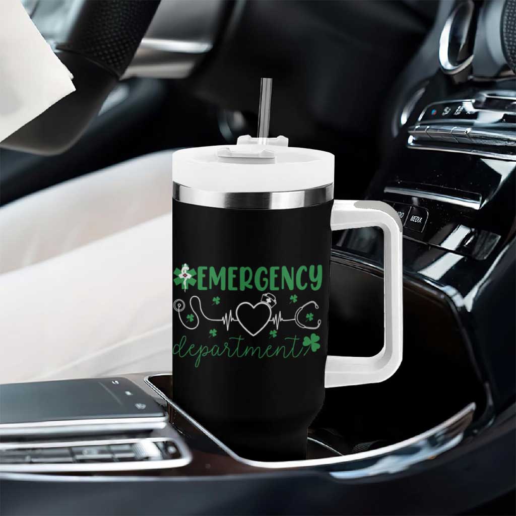 Funny St Patricks Day ER Nurse Tumbler With Handle Emergency Department Lucky Shamrocks