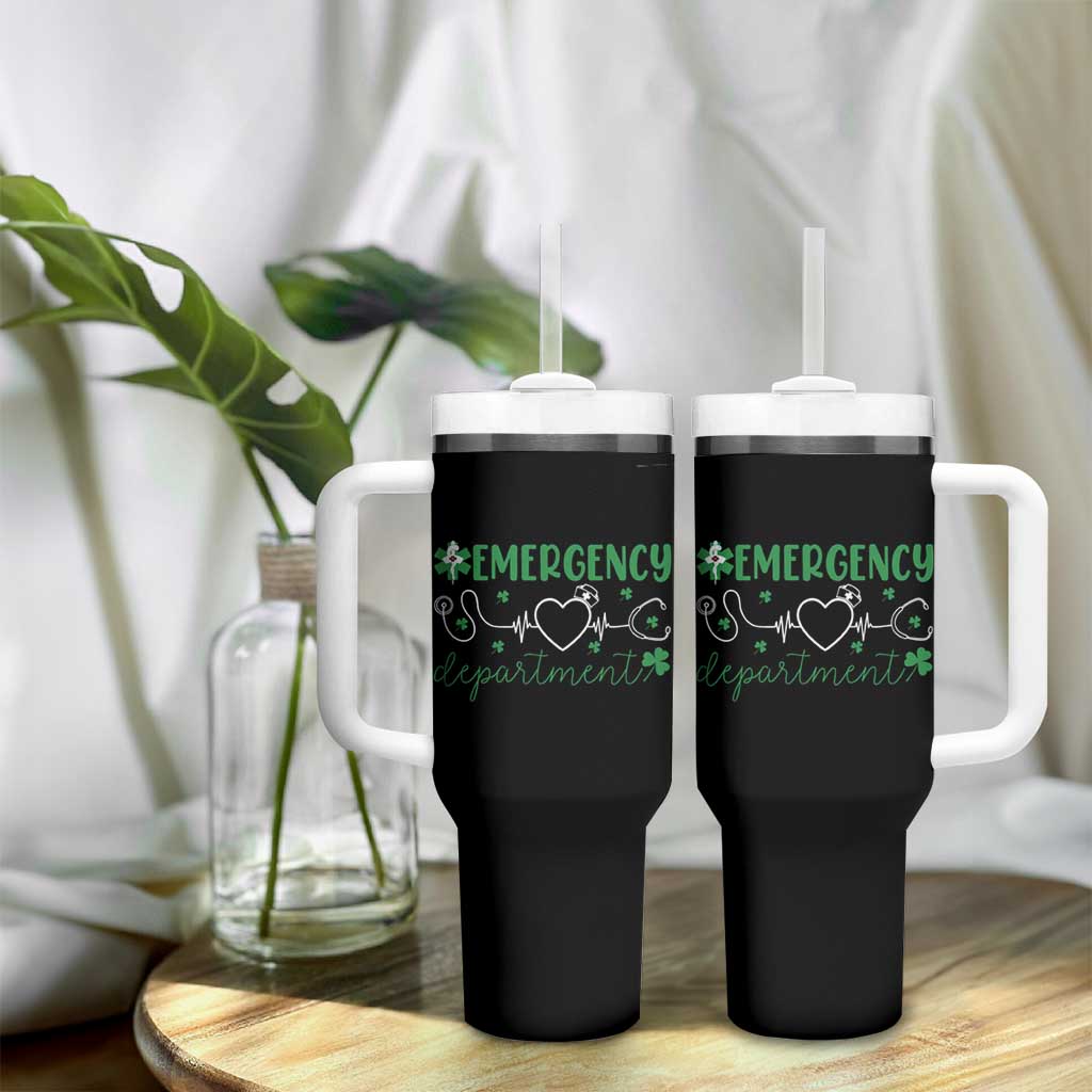 Funny St Patricks Day ER Nurse Tumbler With Handle Emergency Department Lucky Shamrocks