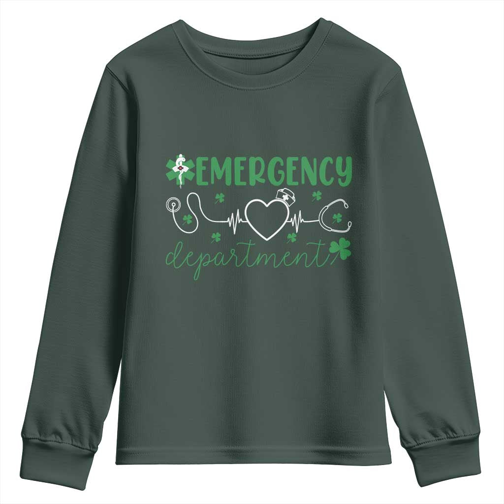 Funny St Patricks Day ER Nurse Youth Sweatshirt Emergency Department Lucky Shamrocks