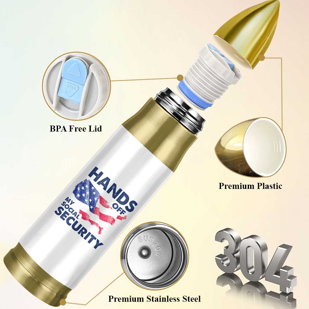 Hands Off My Social Security Bullet Tumbler Patriotic USA Retirement Protection American Flag