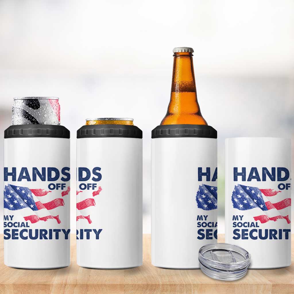 Hands Off My Social Security 4 in 1 Can Cooler Tumbler Patriotic USA Retirement Protection American Flag